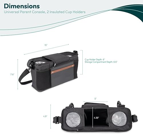 Miniatura 8 de Organizador universal para cochecito WONDERFOLD con portavasos con aislamiento, cierre de gancho y bucle, asa de sujeción, 2 bolsillos de