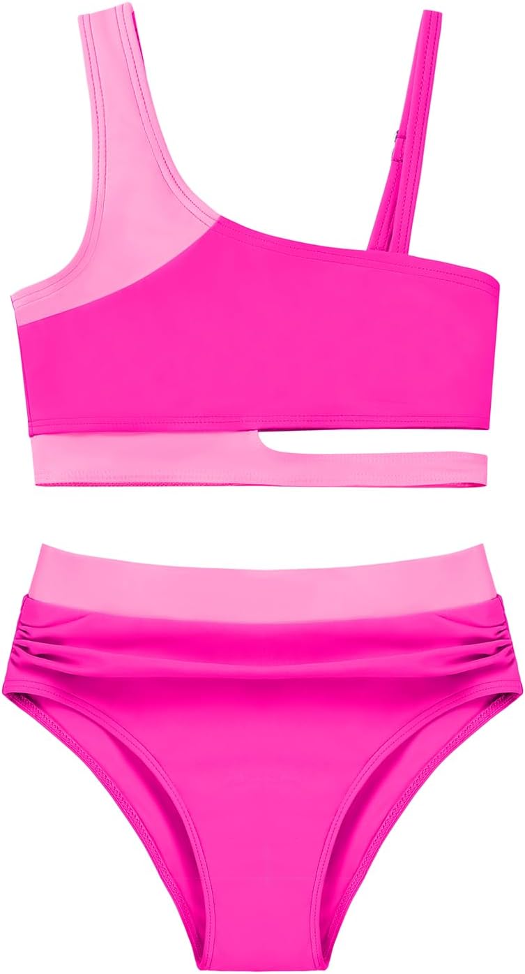 Girls 2 Piece Bathing Suits Kids Color-Blocking High Waist Bikini Set Teen Swimsuit Beach Swimwear for 3-16 Years