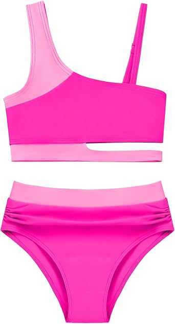 Girls 2 Piece Bathing Suits Kids Color-Blocking High Waist Bikini Set Teen Swimsuit Beach Swimwear for 3-16 Years