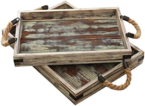 MyGift Country Rustic Torched Wood Rectangular Coffee Breakfast Serving Tray with Rope Handles, Set of 2