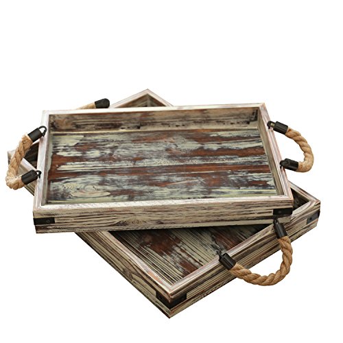 Mygift Country Rustic Torched Wood Rectangular Coffee Breakfast Serving Tray With Rope Handles, Set Of 2 #TOP19