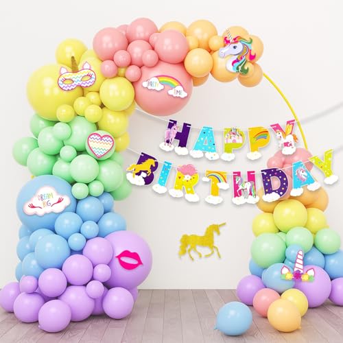Image of Rozi Decoration Unicorn Theme Birthday Kit | 50-Piece Set with Pastel Balloons, Unicorn Cutouts & Happy Birthday Banner | Magical Party Decor for Girls