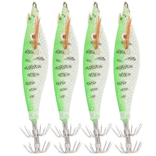 4Pcs Fishing Bait,Artificial Simulation ABS Fishing Lure Bait Dual Squid Hook with Luminous Stick Slot(Green)