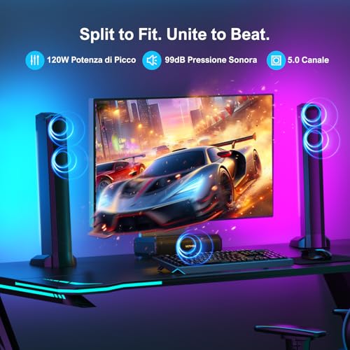 ULTIMEA 5.0ch Barra de Sonido TV, Barra de Sonido PC con RGB para Cine en Casa, Soundbar Desmontable con Control de App, Barra de Sonido Bluetooth 5.3, HDMI-ARC/Opt/AUX, Montaje en Pared, Apollo S70