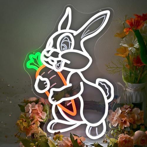 Image of Planzo Easter Neon Light Sign Bunny Carrot Bedroom Kids Room Wall Sign Decor Bar Shop Office Home Easter Eggs Sign Birthday Christmas Gift Jesue USB 16.9 inch X 11.8 inch