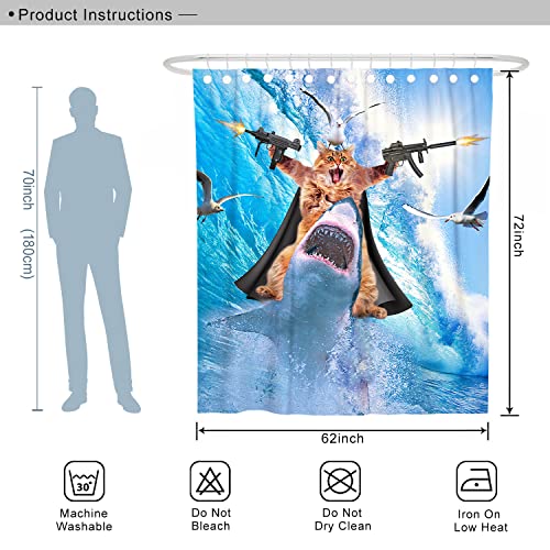 Desihom Funny Cat Shower Curtain Set Cat Riding Shark Theme Ocean Shower Curtains For Bathroom Fun Nautical Kids Bathroom Decor Polyester Fabric-62" X 72" #TOP6