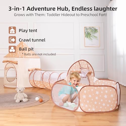 CAPAKIDDO 3-in-1 Kids Play Tent with Tunnel & Ball Pit for Toddlers 1-3, Indoor Outdoor Playhouse, Easy Pop Up, Portable Play Tents for Toddlers