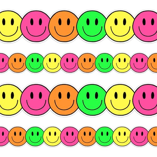 Image of Whaline 32.8ft Neon Happy Face Bulletin Board Border Bright Color Smile Face Die-Cut Border Trim for Back to School Chalkboard Wall Decoration