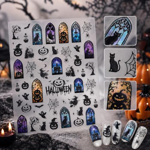 Image of Halloween Nail Stickers Black Cat Castle Nail Art Decal Frame Decorations
