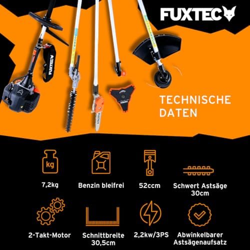 Bild 2 - FUXTEC Benzin Motorsense FX-MT252ER 5in1 Multitool, 52 CCM, Tragegurt inkl. 1m Verlängerung 3 PS Kombigerät Heckenschere mit verstellbarem Hochentaster Kombisystem Freischneider 2-Takt