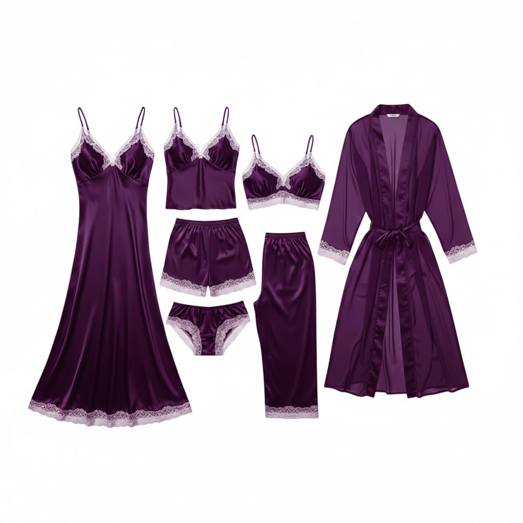 Valentine's Day Fancy Night Suit Bath Robe Dress & Bra Panty Set Combo for Women's Pack of 7 Pcs Nightwear Lingerie Silk Wedding Gifts Lace Nightsuit Set Purple Dress (Free Size)-image-38