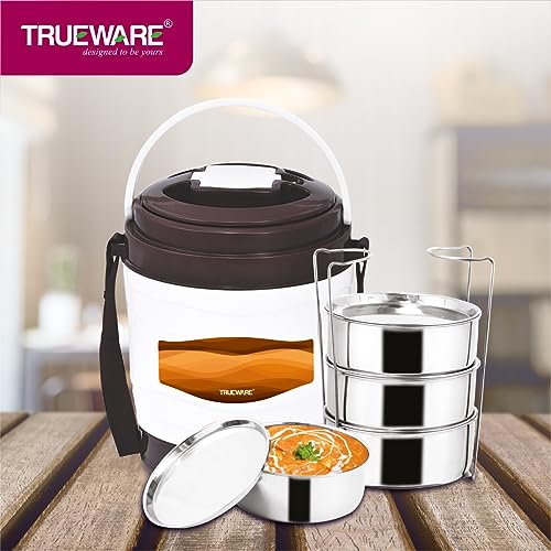Image of Trueware Marina 4 Lunch Box with 4 Steel Container, 300 ml X 4 Brown | PU Insulated | Tiffin | Hot Lunch Box | Leak Proof | Easy to Carry | Food Grade | BPA Free | Office | Outdoors | for Men Women