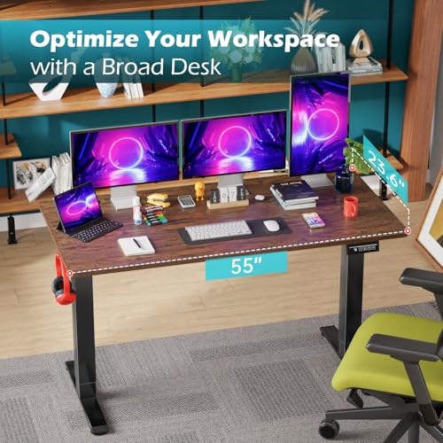 Image of PayLessHere 55 Inch Electric Standing Desk Sit Stand up Desk Home Office Desk with Large Space Headphone Holder 2 Memory Function for Home,Office,Meeting Room (Brown)