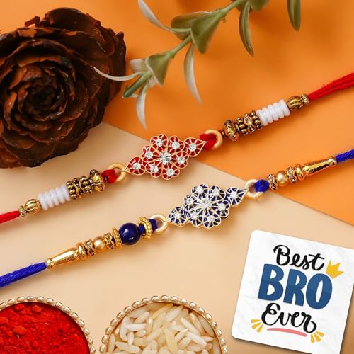 Image of eCraftIndia Set of 2 Multicolor Religious Om Symbol and Peacock Designer Rakhis with Roli Chawal Pack and Best Bro Ever Fridge Magnet - Rakhi for Brother