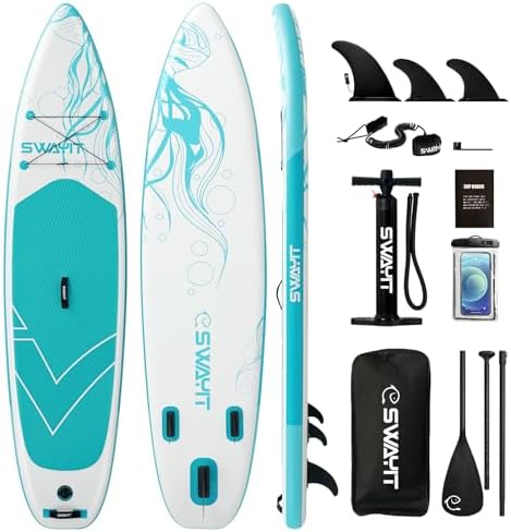 Inflatable Paddle Board for Women – Swayit Lightweight Stylish Stand Up SUP with Paddle, Pump & Accessories, Beginner-Friendly Blow Up Paddle Board for Lake & Beach Adventures (Jellyfish White)