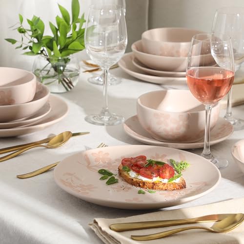 Image of Gibson Home Admiral Hall Plates and Bowls Set, 16-Piece Floral Dinnerware Set, Pink Stoneware Dish Set, Dinner Plates, Salad Plates, Pasta Bowls & Cereal Bowls