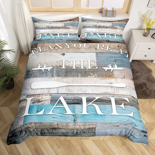 Homewish,Lake House Duvet Cover Rustic Farmhouse Bedding Set King Size Blue Grey Retro Wooden Comter Cover 3pcs Kids Adults Men Teens Bedroom Decor,Lake Life White Cabin Quilt Cover,2 Pillowcases