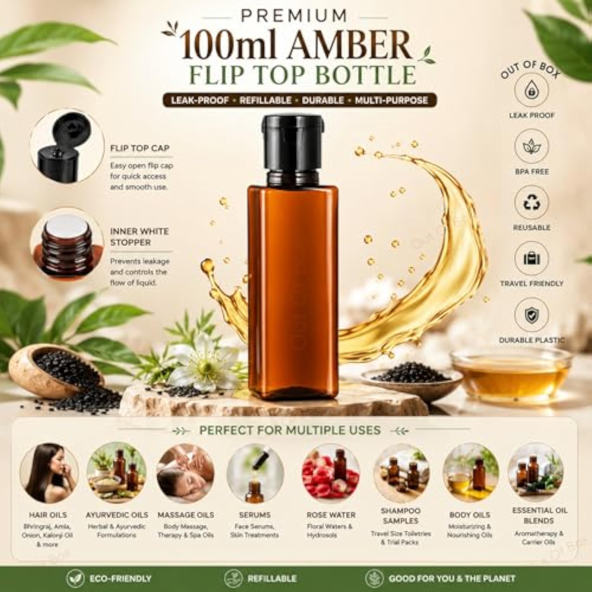 100ml Amber Plastic Flip Top Bottle with Stopper