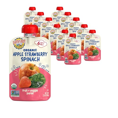 Earth's Best Organic Baby Food Pouches, 6+ Months, Fruit and Vegetable Puree for Babies 6 Months and Up, Organic Strawberry, Apple, and Spinach, 3.5 Ounce Resealable Pouch (Pack of 12)