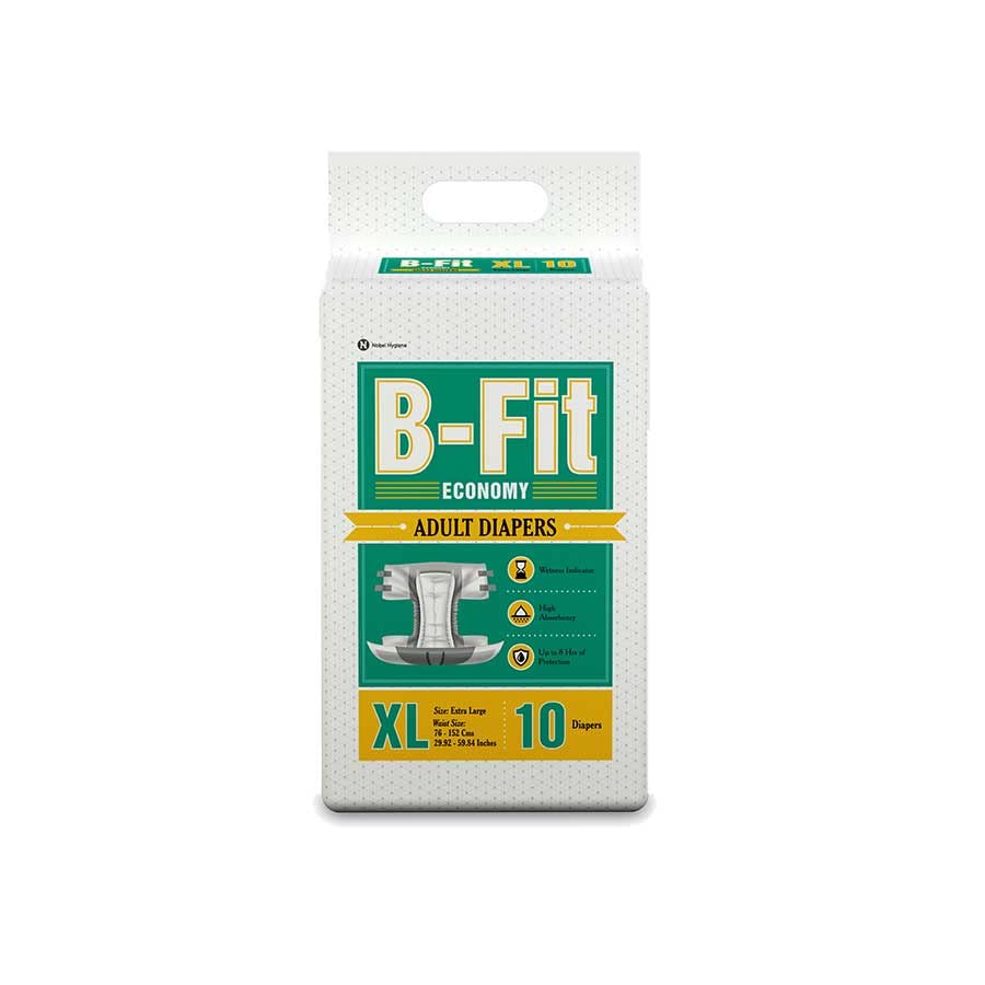 B-FITEconomy Adult Diapers Tape Style - 10 Count (Extra Large) with odour lock, Unisex, Leakproof and Anti-Bacterial Absorbent Core - Waist Size 32.68-59.84 inch; 83-152 cm