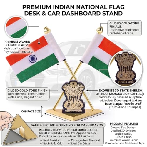 Image of Zahepa Dual-Sided Fabric Indian Tricolor Flag with Gold Plated Base for Car Dashboard, Office Desk, Home Decor & Gifting Tabletop Decoration for Home, Office & Corporate Use | Pack of 1