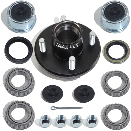 iBroPrat 1 Sets Trailer Hub Kit 4 Bolt 4 Trailer Axle Kit for 2000 lb 4 Lug Trailer Hub Fits 1 and 1-1/16 Spindle with Extra Dust Cap and Rubber Plug