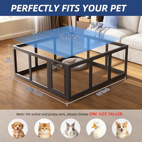 Image of Clear Acrylic Dog Playpen Indoor, Puppy Cat Small Pet 2 Room Play Pen, Pet Cat Playpen for Rabbits, Dog Fence Crate Kennel Whelping Cage (24 inch, Black, 12 Panel)