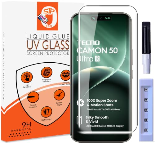 Image of STP FEEL Premium UV Tempered Glass Screen Protector Guard Compatible For Tecno Camon 50 Ultra 5G (6.78 Inch, Pack of 1) Full Adhesive UV Curved Case Friendly HD Clarity with easy installation kit
