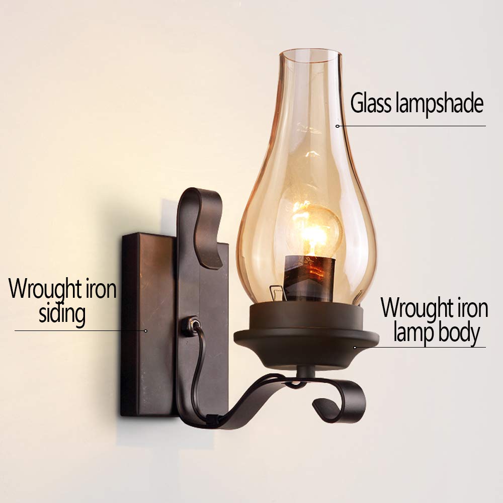 Lampada Da Parete Retrò Applique Parete Industriale Ferro E27 Paralume Vetro Lampada A Muro Semplice Ristorante Casa Bar Camera Letto Comodino Corridoio Illuminazione A Parete Decorativa Interni,F