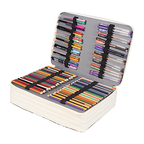Image of Pencil Case Slot Holds 500 Colored Pencils or 340 Color Gel Pens with Zipper Closure Large Capacity Retro Style Element Pattern Pen Organizer Bag with Shoulder Strap (Brown)