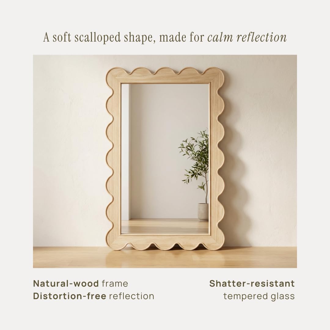 CAALMA Scalloped Wall Mirror 24 x 36 Rectangular, Bathroom Mirror, Mirrors for Wall Decor, Wooden Frame Mirrors for Wall, Decorative Vanity Mirror, Nursery Decor, Entryway Mirror, Wall Mounted Mirror