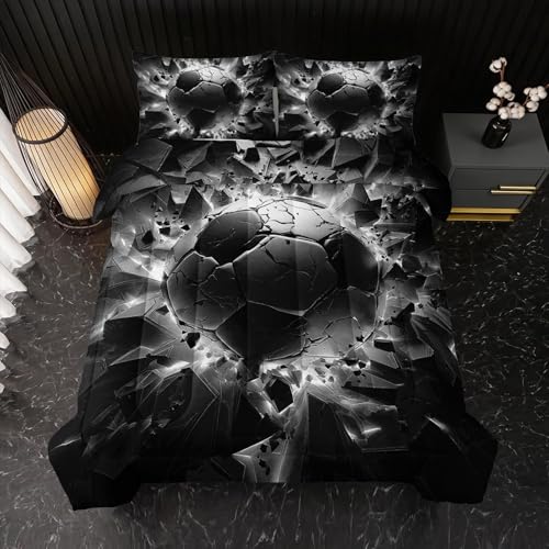 Image of Nttopship Soccer Bedding Comforter Set King Size for Kids Teens and Adults, Black and White Football Printed Bedding Sets 3 PCS,Ball Sports Themed Bedroom Decor with 1 Comforter and 2 Pillowcases