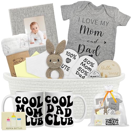 Image of New Parents Gifts for Couples,Newborn Gifts Basket For Gender Reveal & Baby Shower with First Time New Mom and Dad to Be Mugs Set,Woven Gifts Basket For Expecting Parents to Be,New Mom Gift