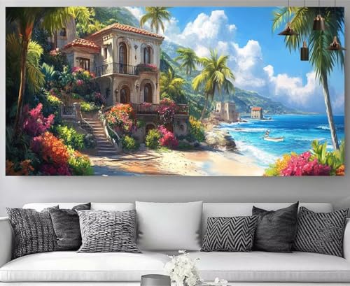 DIY Tableau Strass Diamant Canevas Débutant : Kit Complet Broderie 5D Paysage Mer Égée