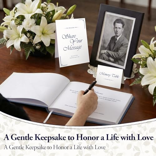 Image of Funeral Guest Book for Celebration of Life, Blank Unlined Memorial Memory Book, 2026 Blue Linen Gold Foil Hardcover with Table Sign & Welcome Card, 8.66 x 6.69 in, 120 Pages / 60 Sheets