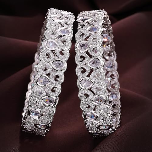 Image of ZENEME Rhodium Plated Silver Toned Teardrop Shaped White American Diamond Studded Bangles Set Of 2 For Women & Girls