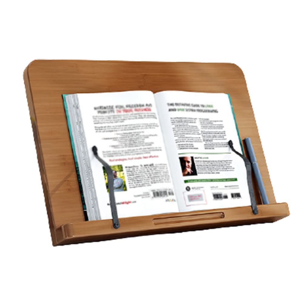 Supporti per Libri da Cucina, Leggio in Legno da Riposo per Ricettari con 2 Supporti in Metallo, Regolabile Lettura Riposo per Musicale Nota, IPad e Tablet