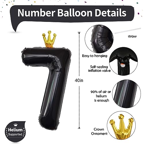 Image of Black Crown Number 7 Balloon, 40 Inch Number 0-9 Set for Men 70th Birthday, Foil Helium Self Inflating Large Balloons for Girls 7th Birtyday Party Decor Anniversary Graduation for Boys Supplies