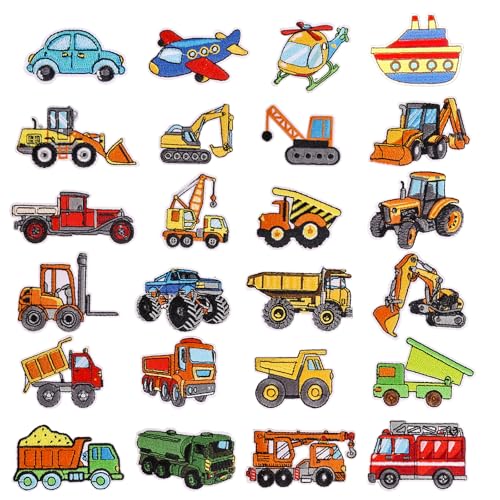 Bubuny 24 PCS Écussons thermocollants ou à coudre pour enfants, Véhicules d'ingénierie camion...