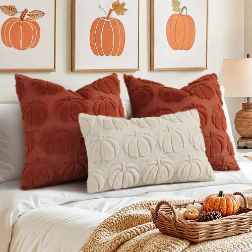 Image of decorUhome Fall Decorative Beige Pumpkin Throw Pillow Covers 12x20 Set of 2, Soft Faux Fur Plush Farmhouse Accent Pillow Cases for Couch Bed Sofa Autumn Harvest Halloween Holiday Home Decor