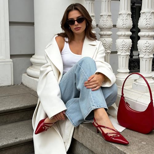 Image of CORNMOOD Stiletto Slingback Heels Pumps for Women | Glossy Patent Leather Kitten heel, Chic Dress Shoes for Modern Women, Ideal Wedding Evening Party and Work Office Outfit