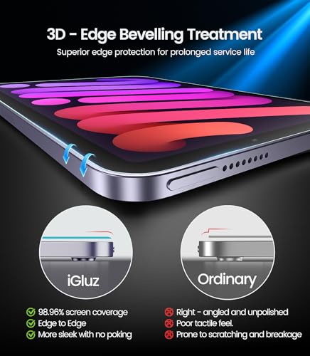 Image of iGluz 2 Pack for iPad Mini 8.3 inch(A17 Pro 7th /6th Gen 2024 /2021) 9H+ Tempered Glass Screen Protector with Easy-Install Box[12FT Grade Shatterproof] Apple Pencil Compatible,HD Clarity,Scratch Resistant