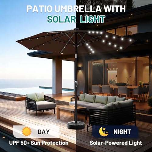 Image of AreShark 9FT Patio Umbrella with Solar Lights, 32 Lighted Pool Umbrella w /Tilt and Crank, Outdoor Market Solar Umbrellas for Garden, Deck, Backyard, Pool and Beach, Brown