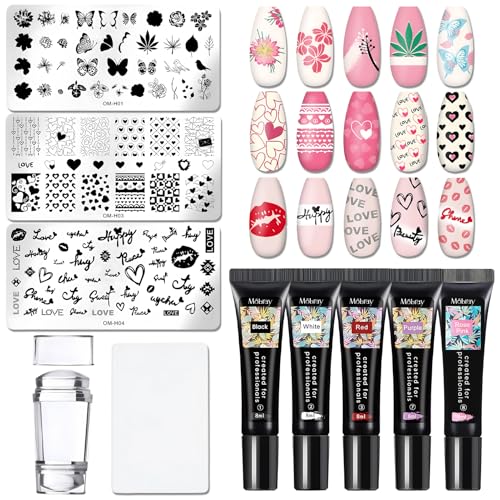 Nail Stamping Kit Nail Stamper Nail Design Kit con 5 Stamping Polish 3 Nail Stencils 1 Nail Stamp Vibrant Colors Quick-drying Easily Create Intricate and Beautiful Designs