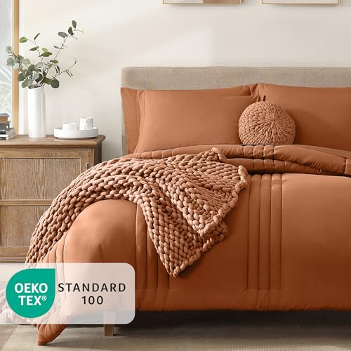 Image of Monbix Super King Plus Size Comforter Set - 7 Pieces Burnt Orange Bed in a Bag Super King Plus Bedding Sets with Comforters, All Seasons Comforter Bed Set with Sheets,Pillowcases & Shams