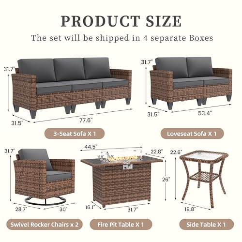 Image of UDPATIO Patio Furniture Set with Fire Pit Table, Rocking Swivel Chairs, 6 Pieces Outdoor Conversation Sets, All-Weather Wicker Outdoor Sectional Sofa with Waterproof Cover, 4'' Thickened Cushion, Grey