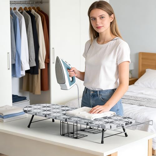 Image of Tabletop Ironing Board with Iron Holder, Foldable Mini Small Iron Board, Iron Rest & Hanger Hook, Heat Dirt Resistant Cover, Portable for Travel Apartment Sewing Laundry
