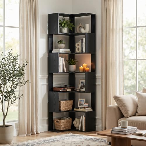 IRONCK Bücherregal 6 Ebenen Eckregal 204cm Hoch L-förmiges Standregal mit Schutzleiste, Holz offenes Regal & Aufbewahrungsregal für Wohnzimmer, Büro, Schlafzimmer, Schwarz