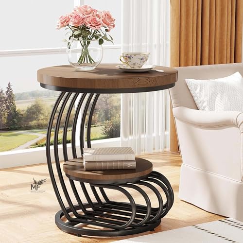 Image of MELVON End Table /Side Table with Walnut Engineered Wood Top & Black Metal Frame, 2 Tier Storage for Living Room, Bedroom, Office & Balcony | Black & Walnut