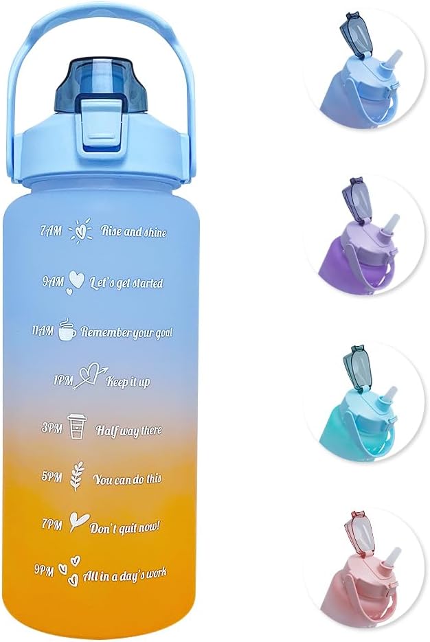 64 oz Large Capacity Water Bottle with Motivational Time Markers and Straw, Portable, Leakproof, BPA Free for Fitness, Gym and Outdoor Sports. (blue gradient)
